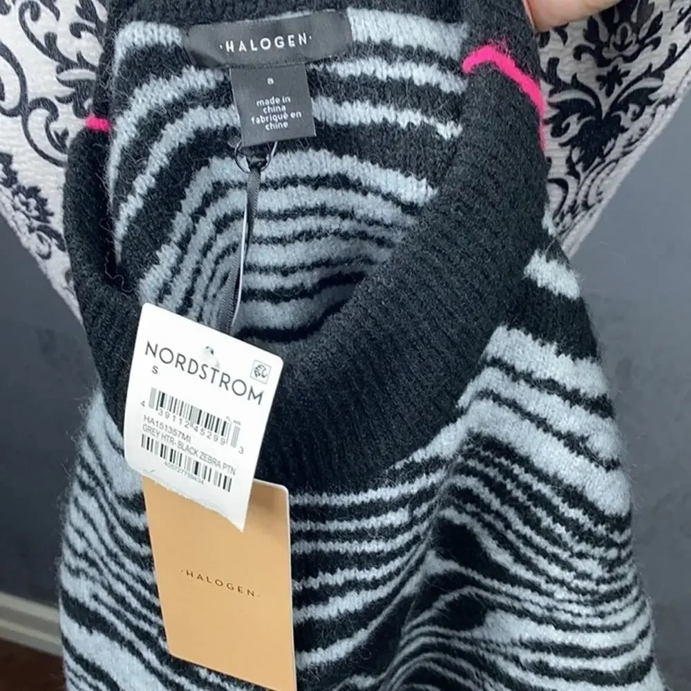 Halogen Swirl Zebra Mock Neck Sweater Black White Pink Stripe Cozy Soft NWT Sz L